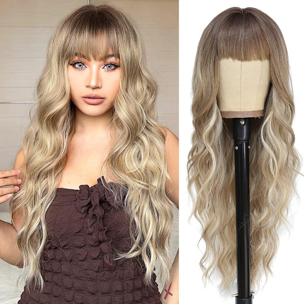Blonde Wigs with Bangs for Women Long Curly Wavy Hair Wigs Heat Resistant Synthe